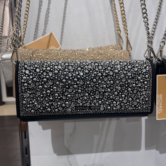 Michael Kors Handbags - MICHAEL KORS Jet Set Medium Embellished Metallic Leather Clutch Crossbody
Black